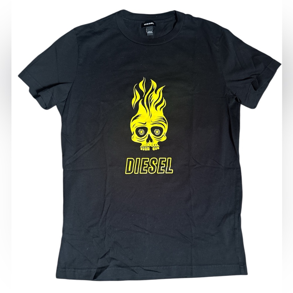 Diesel Black Tee with Yellow Flame Skull graphic